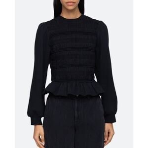 SEA New York Rita Black Jersey Ruffle Smocked Peplum Peasant Blouse Top SZ L